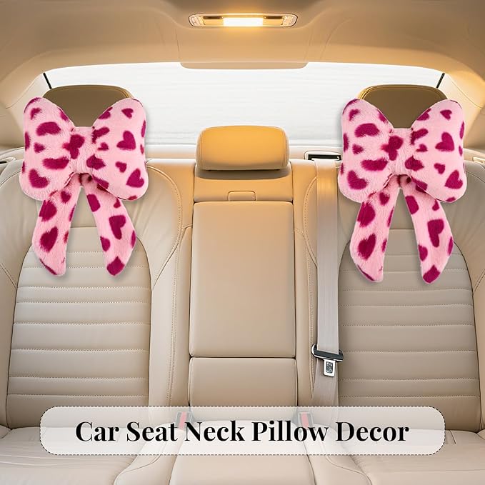 2 Pack Bow Car Headrest Pillow Comfortable Soft Plush Head Rest Cushion, Neck Pillow for Driving Office Use and Car Interior Decoration (Pink Heart)