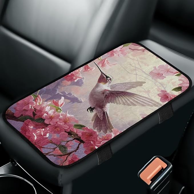 Cute Hummingbird Car Armrest Seat Box Cover Elastic Flannel Car Arm Rest Cushion Pad Scratch Resistant Middle Console Lid Protector Pad for Cars Trucks and SUVs