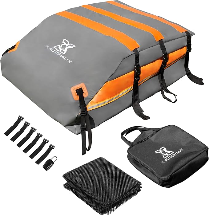 X AUTOHAUX 1000D PVC Waterproof Car Roof Bag Rooftop Cargo Carrier Bag Waterproof Luggage Carriers for Cars with or without Rack Anti-Slip Mat 6 Door Hooks - 15 Cubic Feet