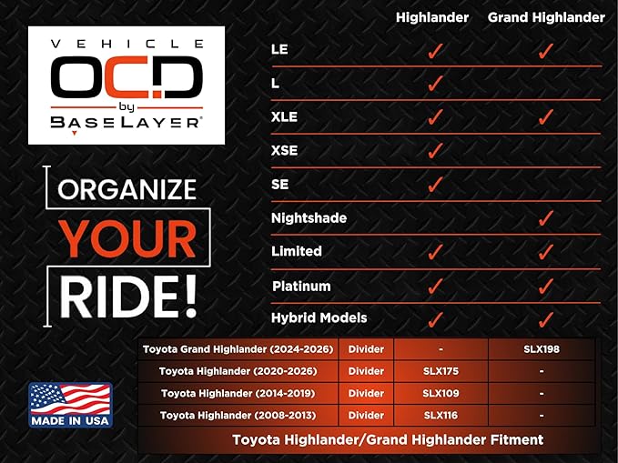 Vehicle OCD - Center Console Organizer for Toyota Highlander (2014-2019) - Made in USA - SLX109