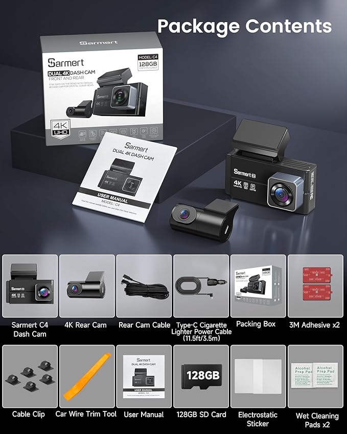 4K+4K Dash Cam Front and Rear, Sarmert C4 Dash Cam Free 128GB Card Included, Built-in GPS and 5G WiFi, HDR Night Vision, WDR Dash Camera for Cars, App, 24H Parking Mode