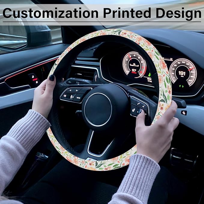 Colorful Flowers Steering Wheel Cover, Cute Printing Steering Wheel Cover Protector for Women, Ultra-Thin with Personalized Pattern Design, for Steering Wheel with a Diameter of 14.5"-15"