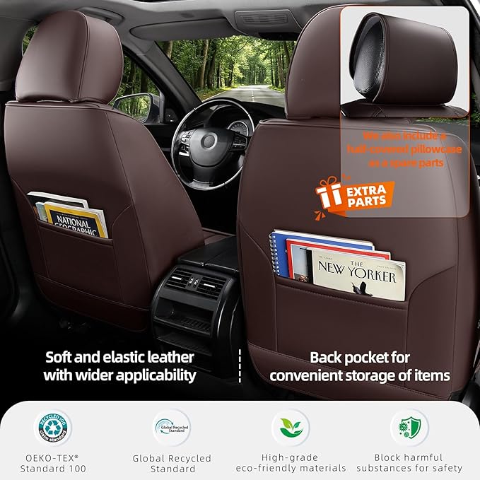 KEYOOG Premium Nappa Leather Car Seat Covers Full Set, Universal Fit for Most Sedans, SUVs - Waterproof & Breathable, Compatible with Honda Civic, Toyota Corolla, Jeep Cherokee/ 5-Seater, Luxury Brown
