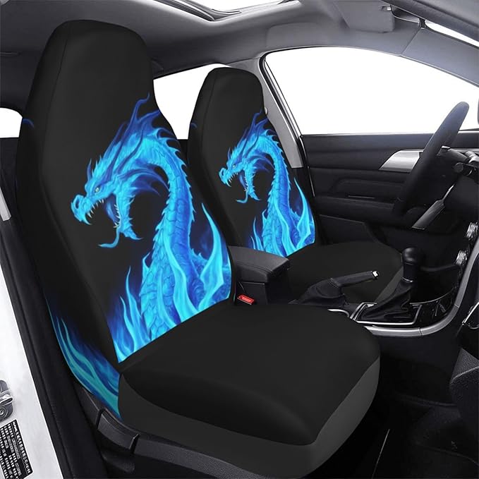 Delerain Car Seat Covers Set 2Pcs, Fire Blue Dragon Universal Front Car Seats Vehicle Enterior Protector Suitable Fits Most Car Auto SUV Sedan Truck