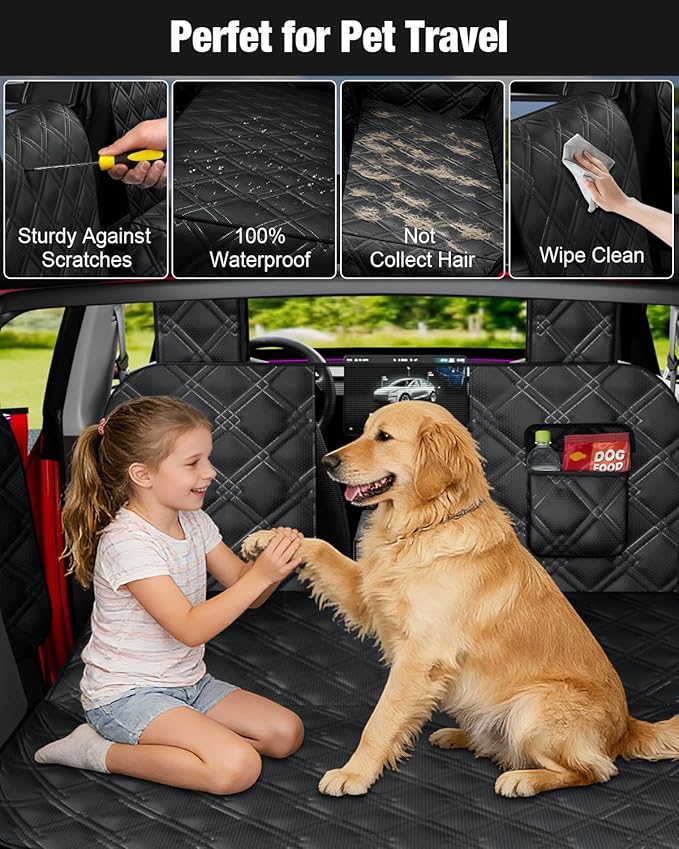 Dog Car Seat Cover for Back Seat Compatible with Tesla Model Y — Hard Bottom Pet Travel Hammock with Seat Extender, Waterproof Backseat Dog Cover with Door & Headrest Protectors