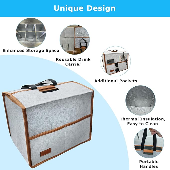 6 Cup Drink Carrier with Handle, Reusable Insulated Cooler Drink Caddy for Car Cup Holder, Foldable Coffee Carrier Bag with Adjustable Dividers, Portable for Car, Travel, Picnic Party, Food Delivery