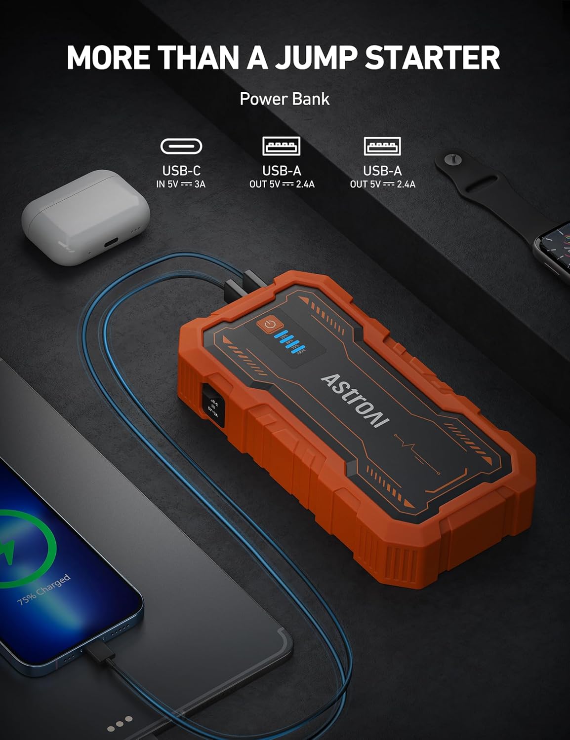 AstroAI S8 Pro Car Battery Jump Starter, 3000A Peak Jump Starter Battery Pack for Up to 9.0L Gas & 7.0L Diesel Engines, 12V Portable Jumper Box with 3 Modes Flashlight and Jumper Cables，Orange