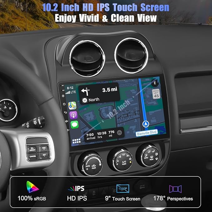 8 Core +64GB Car Radio for Jeep Compass Patriot 2010-2016,10.2 Inch QLED Touchscreen with Carplay&Android Auto,Support Bluetooth,Back-up Camera,FM Radio,SWC,GPS Navigation