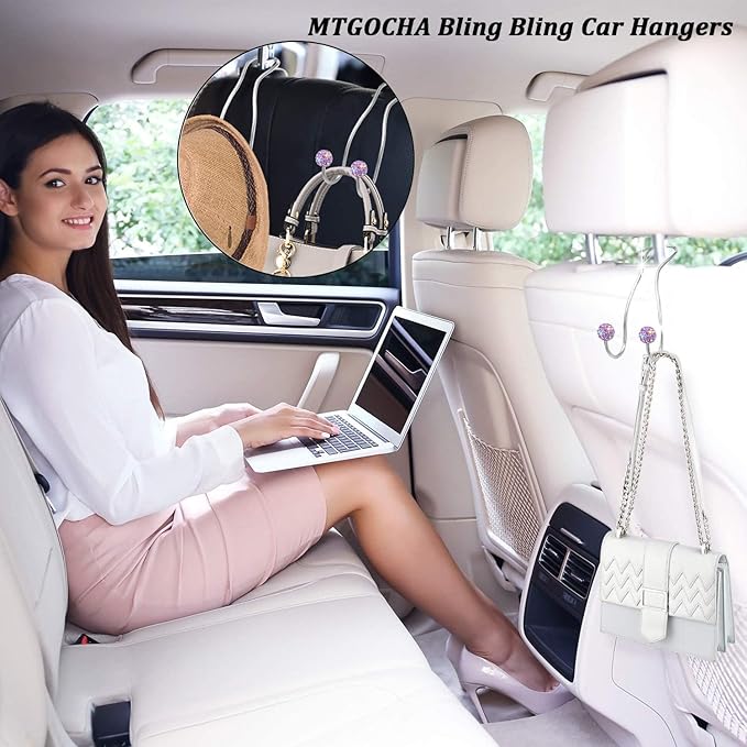 MTGOCHA Bling Purse Hook for Car Headrest, Upgraded Cute Car Seat Hooks for Bag Handbag, Durable Stainless Auto Purse Hanger Holder 2 Pack, Light Purple