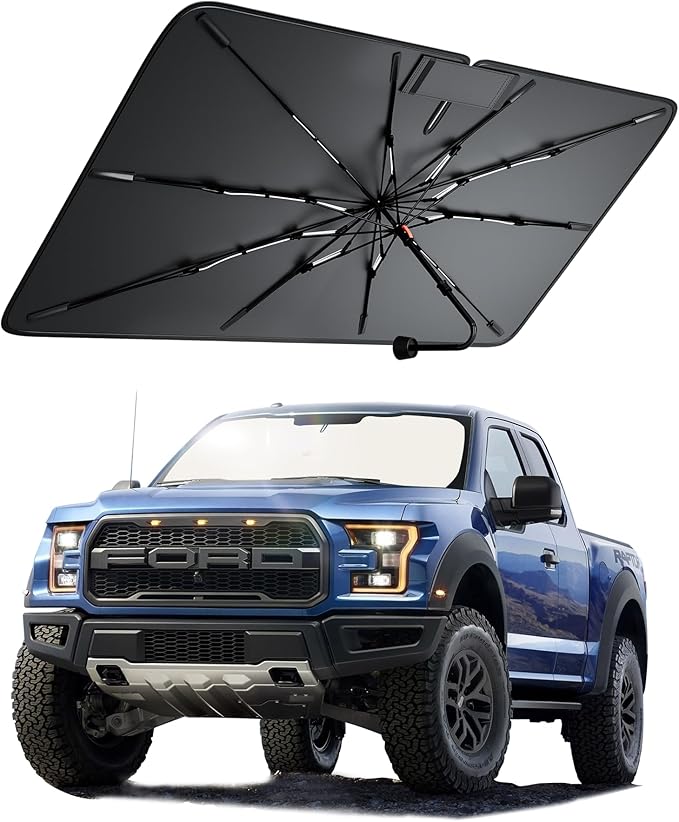 Windshield Sun Shade for Ford F150, Custom Fit 2015–2026, UPF 50+ UV Protection, Multi-Layer Heat Shield, 10-Rib Reinforced Frame, Easy Open Umbrella Design, Essential Premium Car Accessories