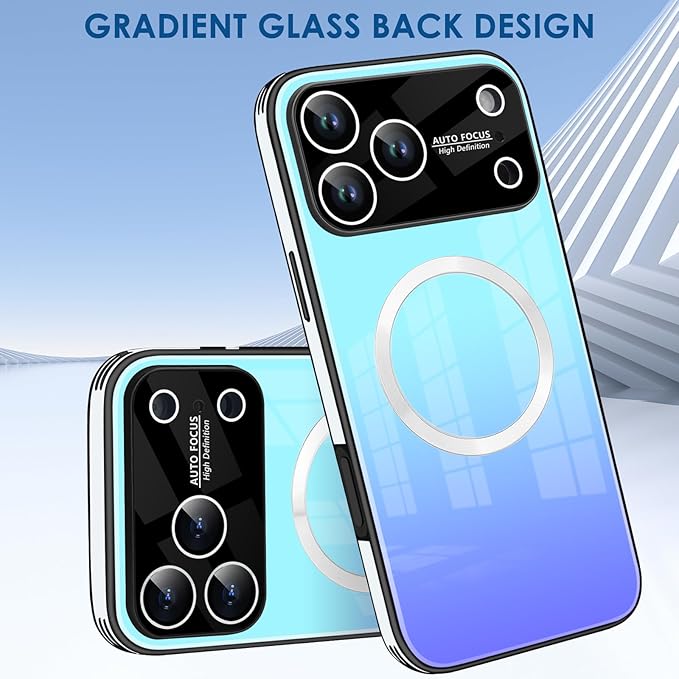 Guppy Compatible with iPhone 17 Pro Max Magnetic Case, with Full Camera Lens Protector [Compatible with MagSafe] Scratch Resistant Gradient Glass Back Cover Phone Case-Blue