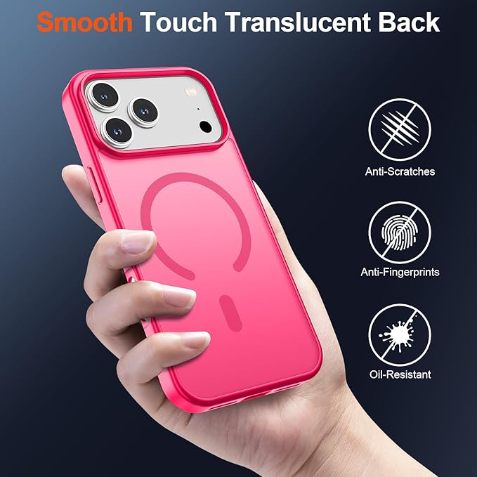 SUPFINE Magnetic for iPhone 17 Pro Max Case (Compatible with MagSafe)(Military Grade Drop Protection) Translucent Matte Shockproof with Anti-Fingerprint Phone Cover 2025,Hot Pink