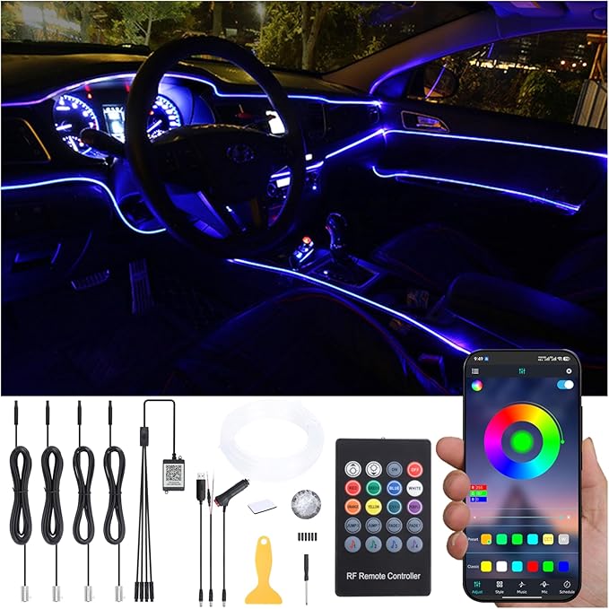 Car Ambient Lighting Optic Fiber 64 Colors Music Sound Active with RF Remote Control + APP Control Car Decorative Atmosphere Lighting Kit DC 12V 1W 4m