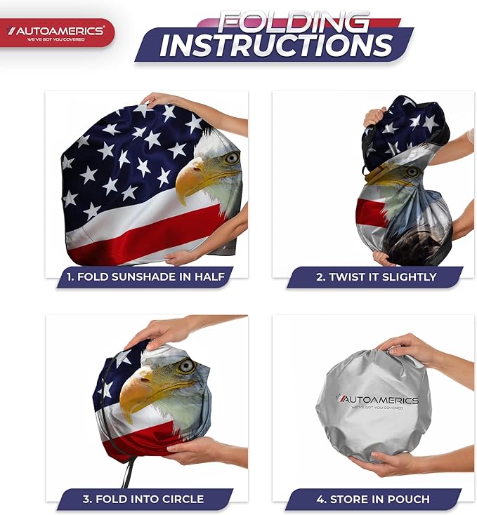 Autoamerics 1-Piece Windshield Sun Shade American Eagle Flag - 2 USA Patriotic Design - Foldable Car Front Window Sunshade for Sedans SUV Truck - Blocks Max UV Rays and Keeps Your Vehicle Cool - Small