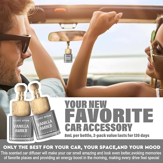 C Classy Hanging Car Air Freshener 2 Pack, Vanilla Amber,Tea Glass Bottle Diffuser, Long-Lasting Fragrance, Cute Car Accessories for Women & Men, Made in USA