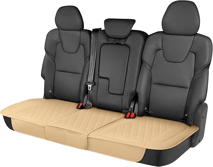 Motor Trend Rear Seat Cushion - Beige Diamond Stitched Faux Leather Rear Seat Cover for Cars, Trucks, SUVs - Padded, Waterproof, Non-Slip Back Seat Cover with Storage Pockets