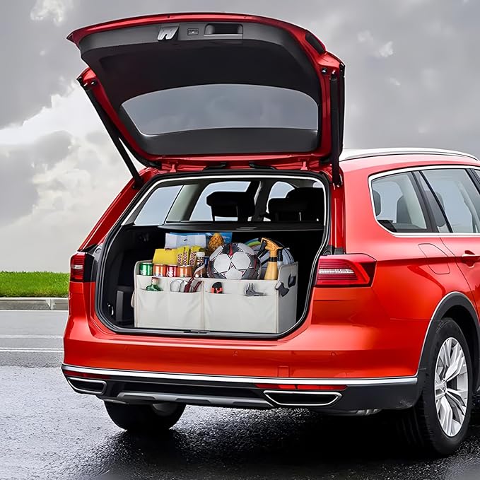 titiyiof Trunk Organizer For Suv & Sedan,Car Organizers and Storage, Waterproof Collapsible & Adjustable Straps,Sturdy Car Organization for Car Accessories, Tools,Food，Sundries,2-3 Compartment（Beige）