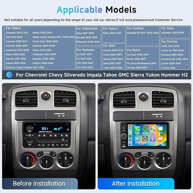 8Core 4+64G Car Stereo for Chevrolet Chevy Silverado Impala Tahoe GMC Sierra Yukon Hummer H2 Android Car Radio WiFi Wireless Carplay Android Auto,7” IPS,GPS,SWC,Bluetooth,Backup Camera