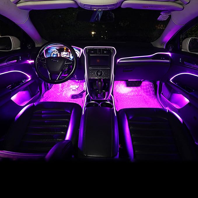 Car Interior Ambient Lighting Optic Fiber RGB 64 Colors Multicoloured Music Car Footwell Lighting Kit with Cigarette Lighter and App Microphone, DC 12V-24V 1W 6m