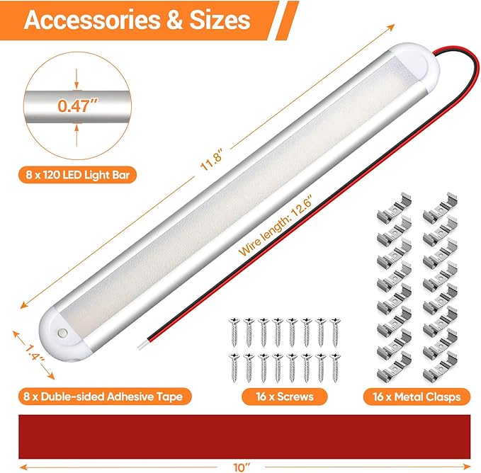 CT CAPETRONIX 12v Led Light Bar Strip, 120LEDs 1300LM 7W DC 12 Volt Led Strip Lights Fixtures with Switch, Enclosed Trailer Lights for RV Interior, Van, Truck Lorry, Camper, Boat, Caravan (8Pcs)