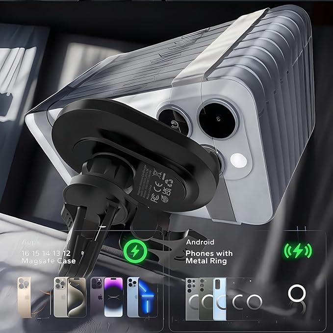 15W Magnetic Wireless Car Charger, Wireless Car Charger,Air Vent Car Phone Mount fit, Fast Charging Magnetic Phone Holder Mount for 16 Pro Plus Max 15 14 13 12 mini, Galaxy S23 S22 S21+