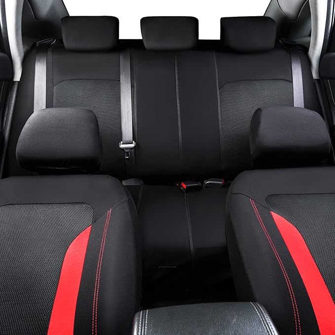 CAR PASS 3D Air Mesh Car Seat Covers Full Set, Breathable Sporty Rear Bench with Zipper for Armrest Box Universal Fit 95% Automotive SUV,Truck,Sedan Interior Cute Women Airbag Compatible, Black Red
