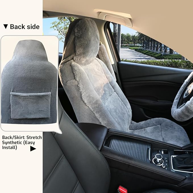 Aegis Cover Premium Australian Merino Sheepskin Car Seat Cover, Easy-Install Summer & Winter Universal Fit for SUV Truck Sedan Most Vehicles (FS-Grey)