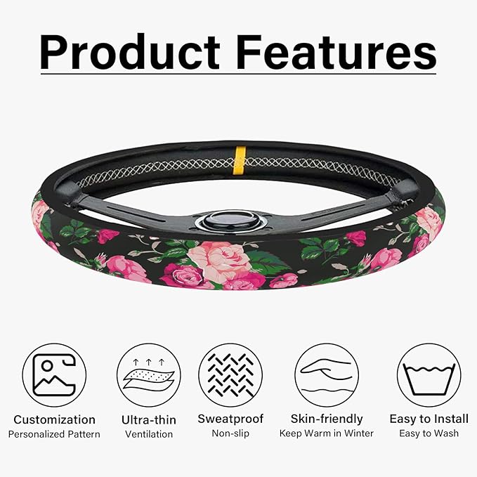 Red Rose Steering Wheel Cover, Cute Print Steering Wheel Cover Protector, Ultra-Thin with Personalized Pattern Design, Car Accessories for Women, for Steering Wheel with a Diameter of 14.5"-15"