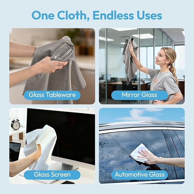 Microfiber Glass Cleaning Cloth 6 Pack, 15.5x15.5 Inch White Magic Cleaning Rags, Lint Free Streak Free Reusable Towels for Windows, Mirrors, Cars, Screens, Kitchen and Stainless Steel Surface