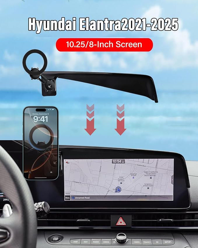 PZK Car Phone Holder for Hyundai Elantra 2021-2025 2026 SE/SEL/Sport/Limited/N Line Accessories Custom 8-Inch/10.25-Inch Screen Car Phone Mount Compatible with Magsafe 360° Rotating Extension Rod