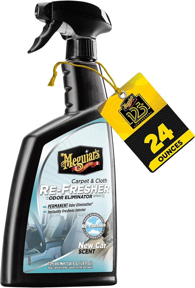Meguiar's Carpet and Cloth Re-Fresher Odor Eliminator Spray, Car Air Freshener, Fights Odors and Freshens Fabrics in your Car, Easy to Use Trigger Spray, 24 Oz