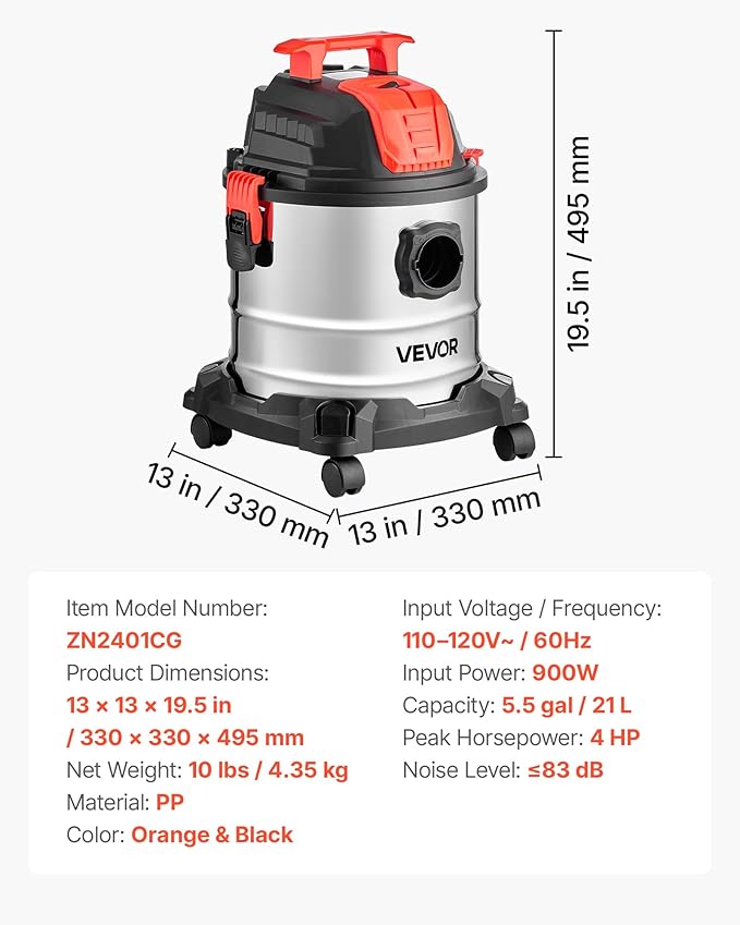 VEVOR Shop Vac, 5.8 Gallon Wet Dry Shop Vacuum, 4 Peak HP with One-Button Self-Cleaning, Dual-Filter, 900W Input Power, 1.25in x 7ft Hose, 9.8ft Cord, Metal Tank for Jobsite, Workshop, Garage, Home