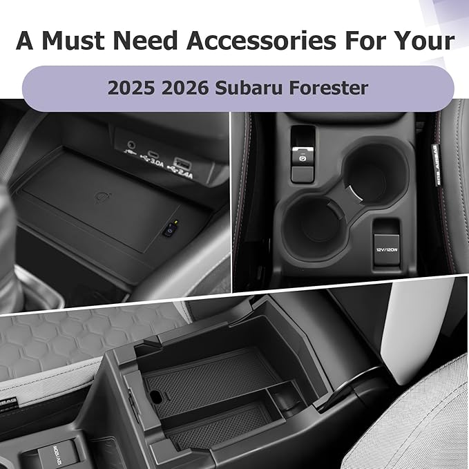 LUWU for 2025 2026 Subaru Forester Accessories Compatible with 2025 2026 Forester Wireless Charging Anti-Slip Mat - Center Console Cup Holder - Armrest Console Secondary Storage Box Insert Tray 3-Pack