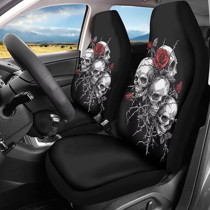 Halloween Skull Rose Car Seat Covers 2 Pcs Universal Front Car Seats Breathable Stretch Polyester Fabric Cover Easy Installation Suitable for Cars, SUV and Trucks