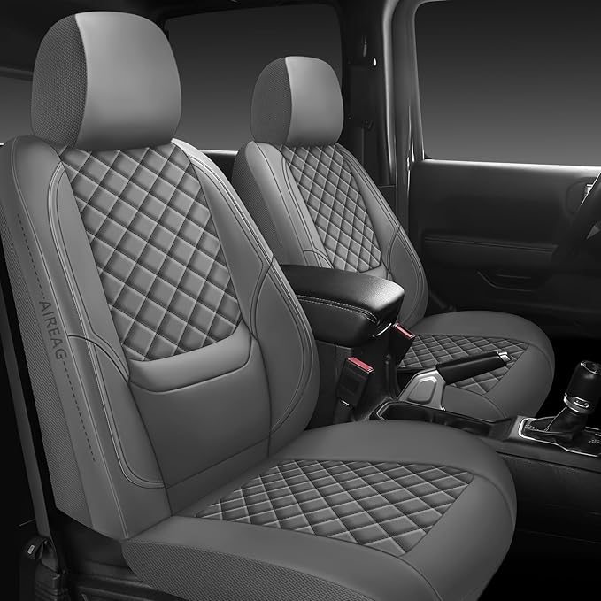Wrangler Seat Covers 2007-2026 Front Pair, Waterproof Leather Interior Sets with Lumbar Support Custom Fit for Jeep Wrangler JK JL 2/4 Door Unlimited Sahara/Sport/Rubicon X 392 Willys, Gray