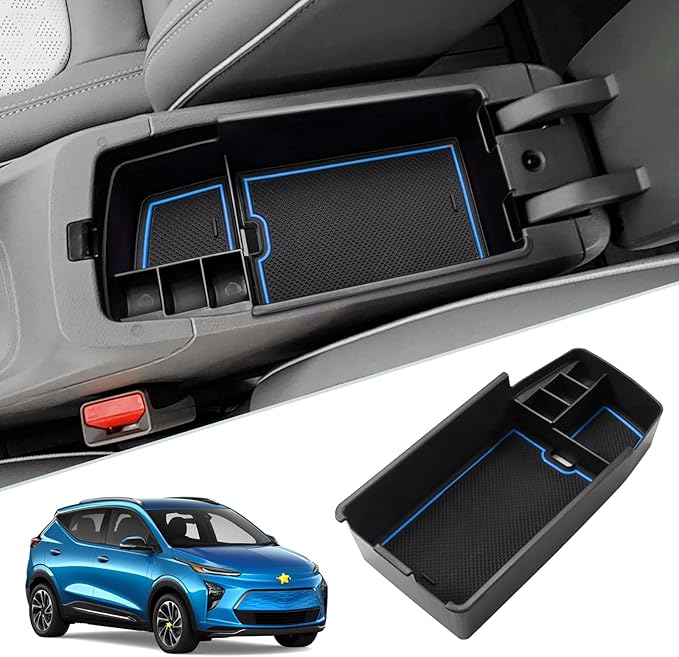 SKTU for 2022 2023 Chevrolet Bolt EUV EV Center Console Organizer Insert ABS Black Materials Tray Armrest Secondary Storage Box Latest 2023 Bolt EUV EV Accessories with Coin Holder (Blue)