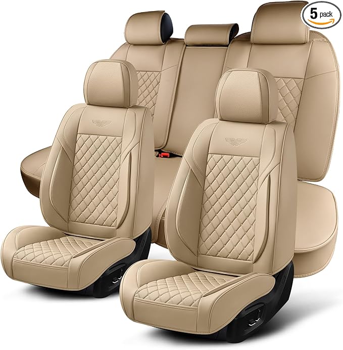Auto Car Seat Covers Full Set Leather Cushion Protector Breathable Waterproof Seat Cover for Cars Universal Fit (Beige, Full Set Without Headrest)