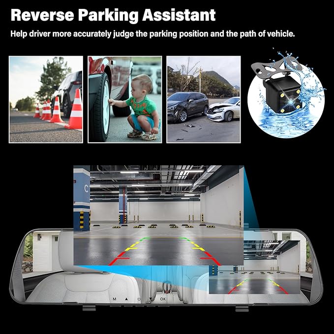 UNITOPSCI Mirror Dash Cam 4 Inch Rear View Mirror Camera 1080P Front and Rear View Dual Cameras with 32G Card, Motion Detection, Night Vision, Parking Assistance, Loop Recording, 24H Parking Monitor