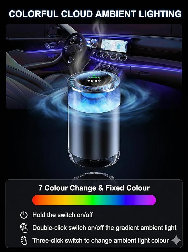 Smart Auto Car Diffuser, RGB Air Freshener, Rechargeable Aluminum Aromatherapy, Leak-Proof Replaceable Cartridge, Cologne & Ocean Scent for Car Office Bedroom