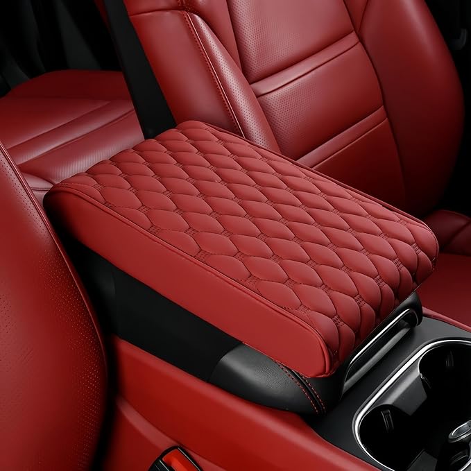 Car Leather Waterproof Center Console Seat Arm Rest Cover Auto Memory Foam Cotton Height Armrest Box Pad, 6 Colors, 2 Sizes (Red, 12.6"x6.3"x2")