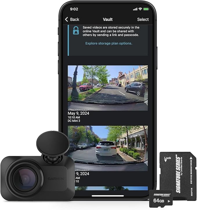 Garmin Dash Cam Mini 3 Ultracompact 1080p HD Camera | 140° FOV, Clarity Polarizer, Voice Control, Automatic Incident Detection Recording | with Signature Series 64GB Micro SDXC Card