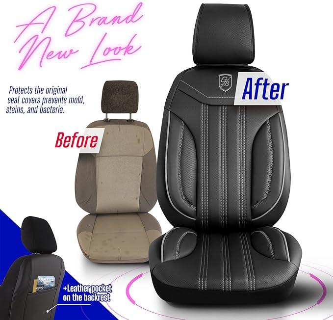 Premium Car Seat Covers Front Seat - Nappa Leather Car Seat Cover for SUV, Cars, Most Pickups, Black-Grey Stitching, Car Seat Protector, Car Seat Covers Front Seats, Car Seat Protector