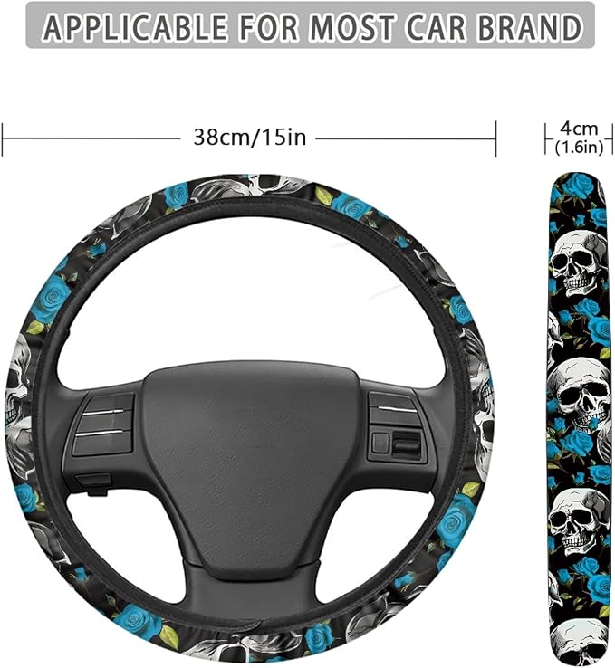AFPANQZ Skulls Print Car Steering Wheel Cover Stretch-on Fabric Neoprene Comfortable Grip Automotive Steering Wheel Protector Adult Anti-Slip Universal 15 inch Machine Washable Gray