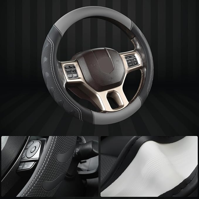 GIANT PANDA Car Steering Wheel Cover for RAM 1500 2500 3500, Compatible with Dodge RAM 15.5-16 inches - Black+Gray