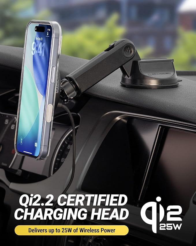 Scosche MPQTRWDA Qi2 MagSafe Car Mount Charger 25W Fast Wireless Magnetic Cell Phone Holder with Adjustable Arm for Windshield or Dashboard Compatible with iPhone 17/16/15/14/13/12 & Samsung S25