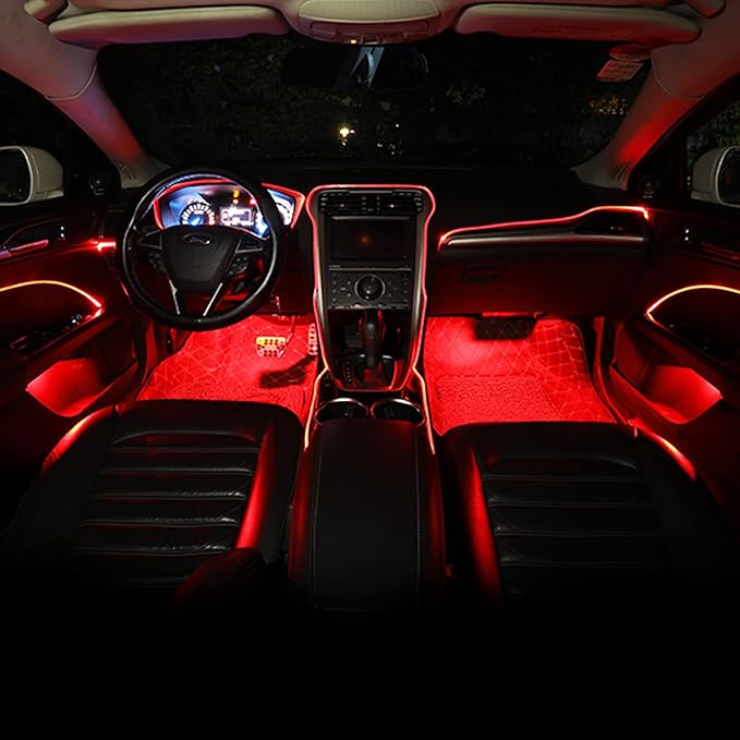 Car Interior Ambient Lighting Optic Fiber RGB 64 Colors Multicoloured Music Car Footwell Lighting Kit with Cigarette Lighter and App Microphone, 12-24V 3m