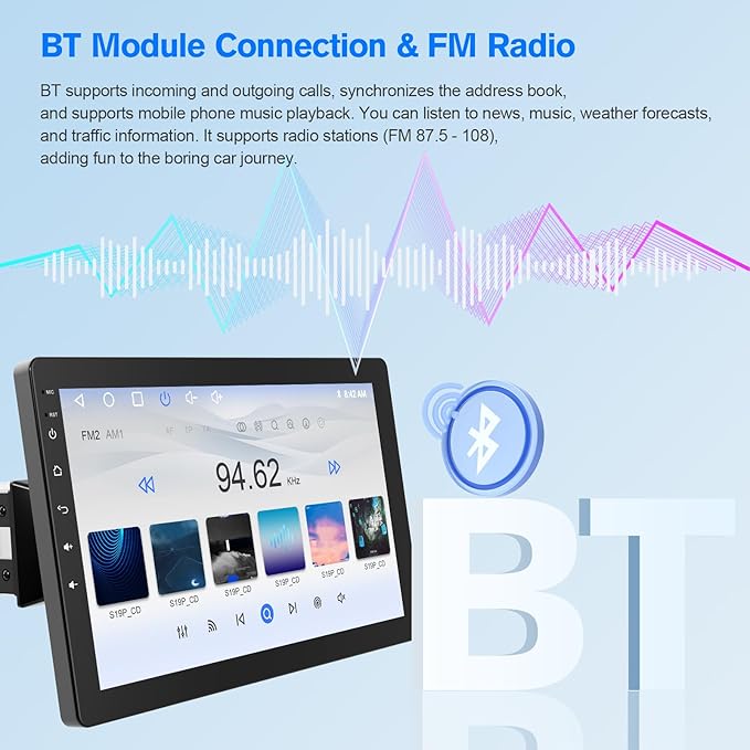 10.1" Rotatable Touch Screen Car Stereo Single Din - Android 13, Wireless CarPlay/Android Auto, 4-Core CPU, 2GB+32GB, GPS Navigation, Hi-Fi Sound, Bluetooth 4.2, AHD Backup Camera (Vertical Fit)