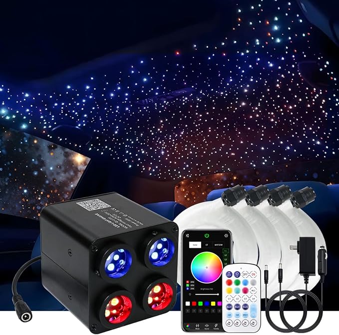 AKEPO 36W 4 Color Twinkle Fiber Optic Starlights Headliner Lights Kit, Optical Fibers Music Sync Bluetooth APP Control Starlight Kit, 1600pcs*13.1ft