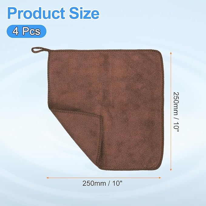 HARFINGTON 4 Pack Microfiber Cleaning Cloth, 10" x 10" Multi-Functional Cleaning Towels Reusable Absorbent Rags with Hook for Car Wash Kitchen Household Window Clean, Brown