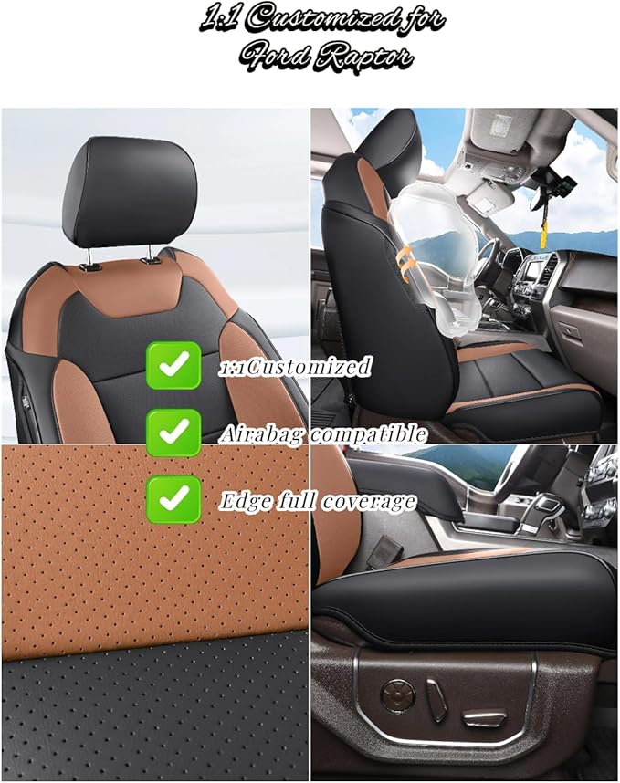 Red Rain Black and Brown Ford Leather Seat Covers Custom Fit for 2019-2020 F150 Raptor Car Seat Cushion Cover 13Pcs (Raptor-Black+Brown-2019/2020)